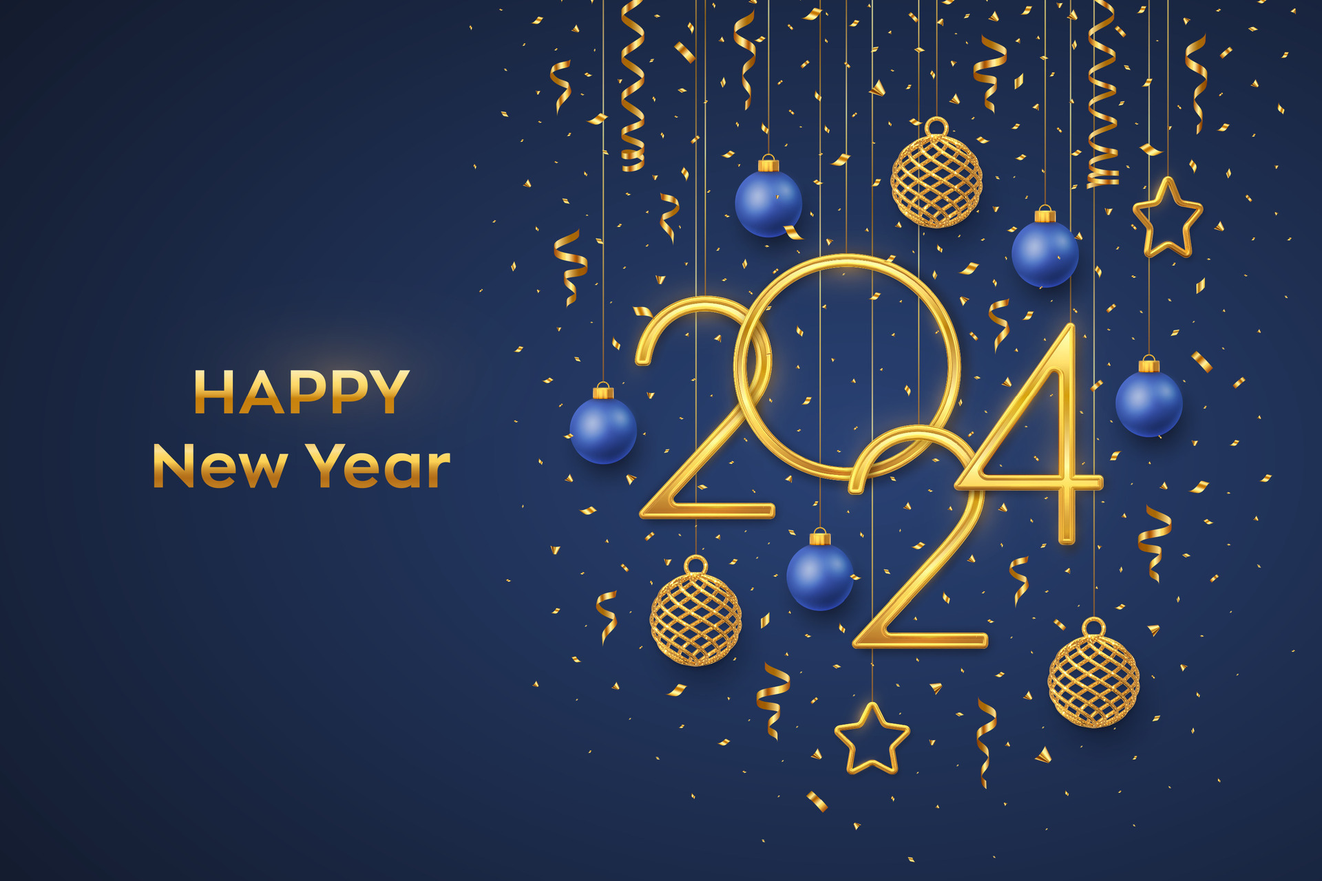 Happy New 2024 Year. Hanging Golden metallic numbers 2024 with shining