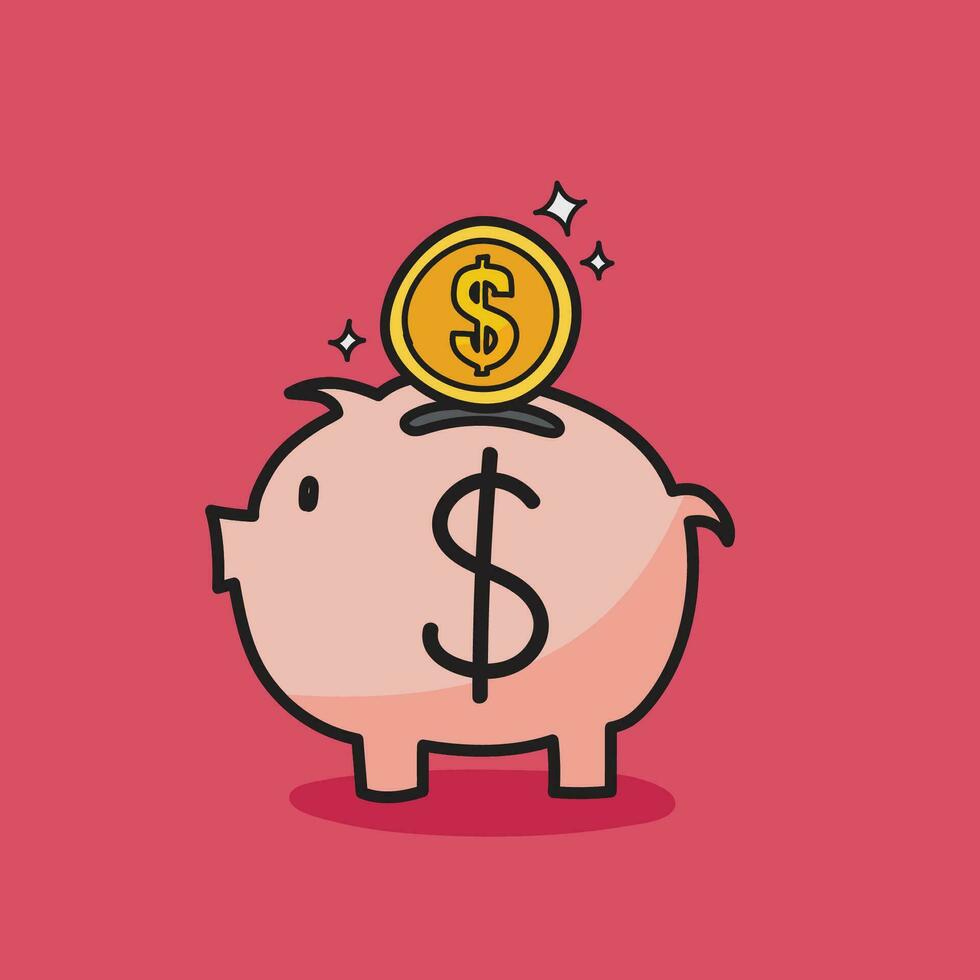 Coin with piggy bank doodle style vector