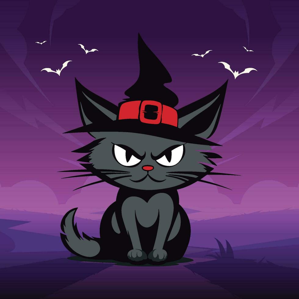 A Black Cat Wearing a Witch Hat on Halloween Night vector