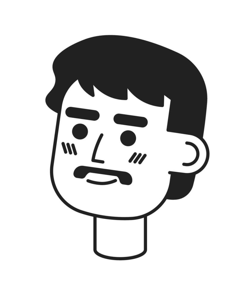 Cute young man with mustache monochrome flat linear character head. Black hair male. Editable outline hand drawn human face icon. 2D cartoon spot vector avatar illustration for animation