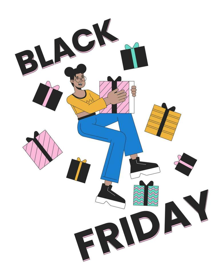 Black friday gifts 2D linear illustration concept. Happy african american shopper holding present cartoon character isolated on white. Weekend deals metaphor abstract flat vector outline graphic