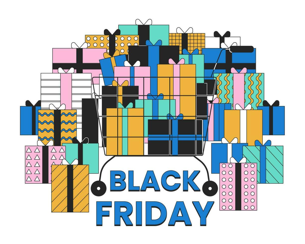 Pile of gifts on black friday 2D linear illustration concept. Full shopping cart with presents cartoon object isolated on white. E-commerce buy metaphor abstract flat vector outline graphic