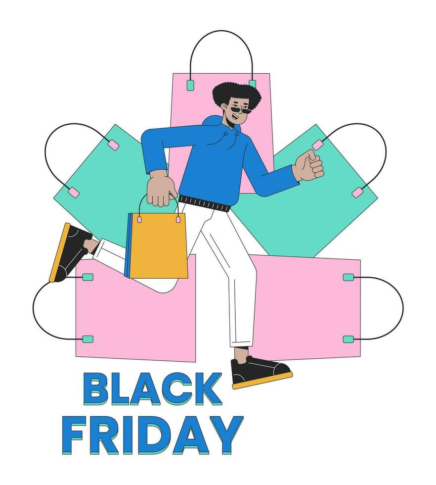 negro viernes compras pantalones Al por menor 2d lineal ilustración concepto. comprador masculino corriendo con boutique bolso dibujos animados personaje aislado en blanco. fin de semana rebaja metáfora resumen plano vector contorno gráfico