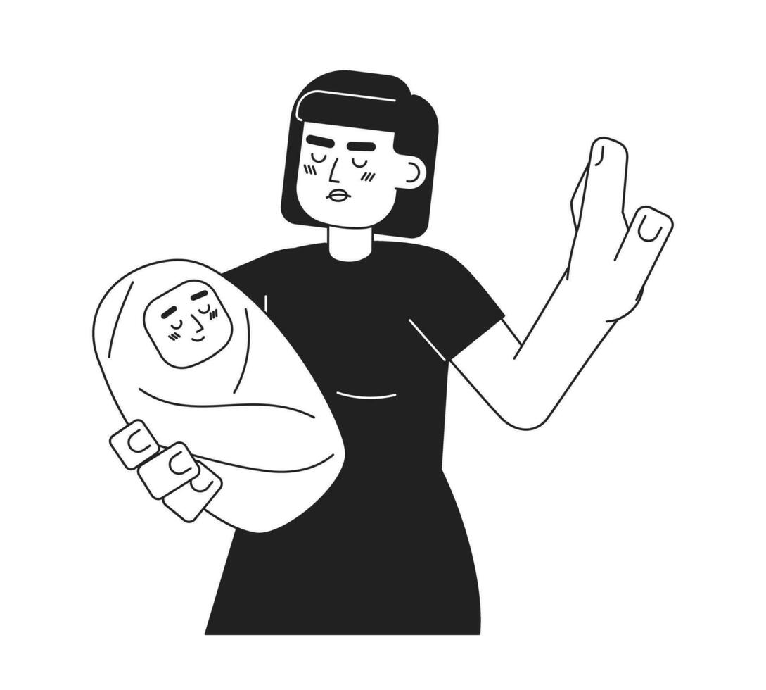 Angry asian woman holding baby monochromatic flat vector character. Stop gesture. Editable thin line half body person on white. Simple bw cartoon spot image for web graphic design