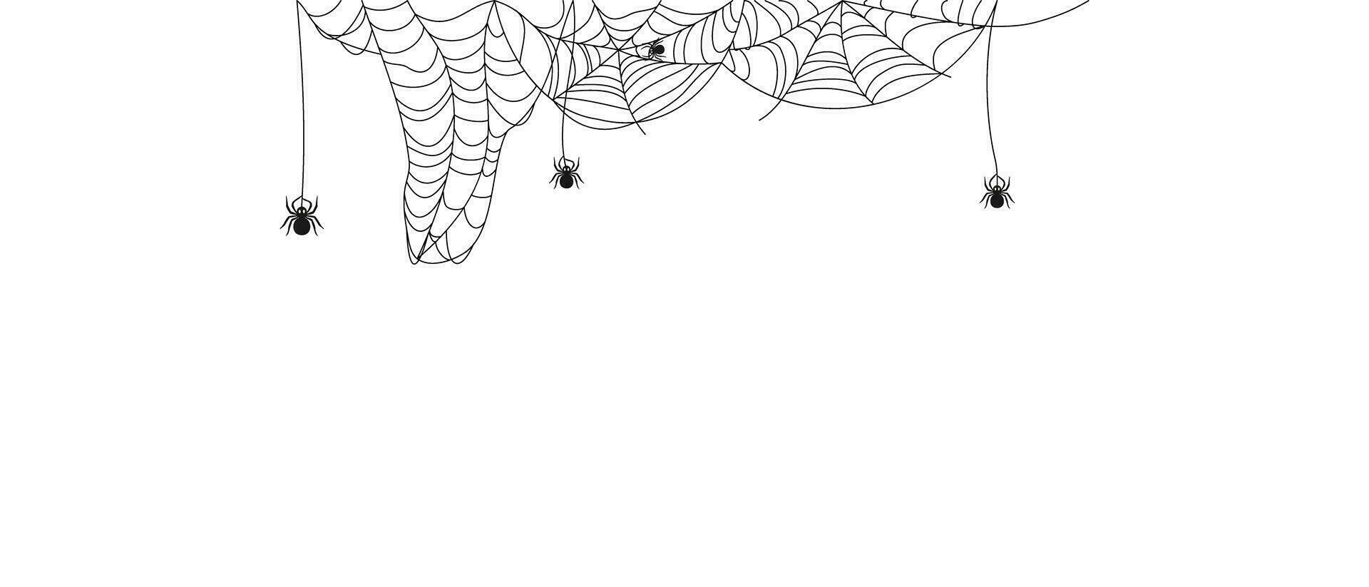 Halloween border with abstract spiderweb texture with spiders. Decor for Halloween celebration. Abstract texture of insect traps. Isolated graphic template. Vector illustration.