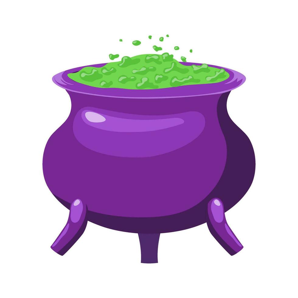 A purple cauldron with green liquid in it. Halloween design element. Isolated witch pot graphic template. Vector illustration.