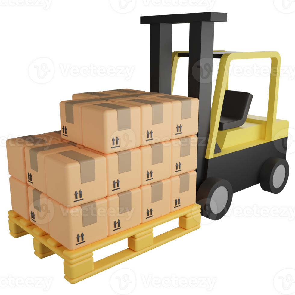Forklift moving and sorting parcel boxes clipart flat design icon isolated on transparent background , 3D rendering logistic and delivery concept png