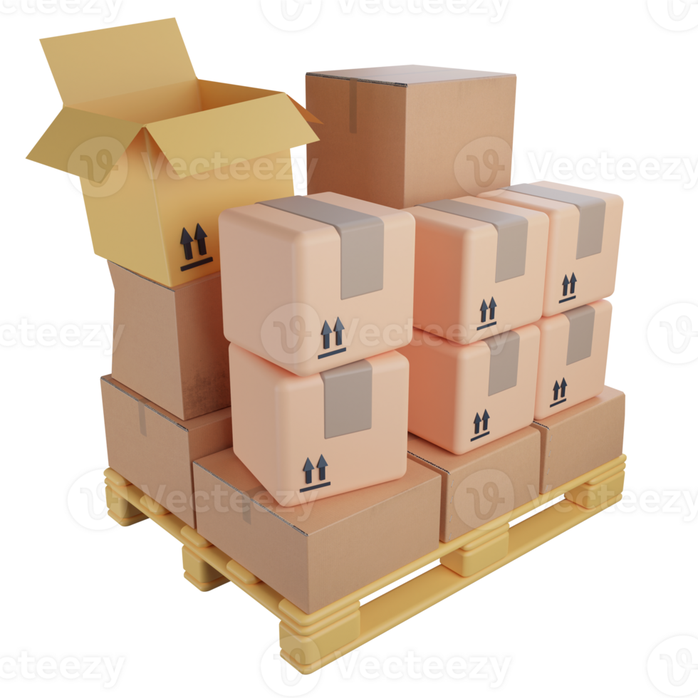 Stack messy parcel box on pallet clipart flat design icon isolated on transparent background , 3D rendering logistic and delivery concept png