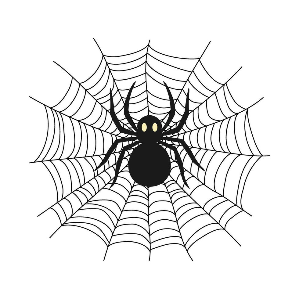 A black spider on a web. Texture of insect traps. Decor for Halloween celebration. Isolated graphic template. Vector illustration.