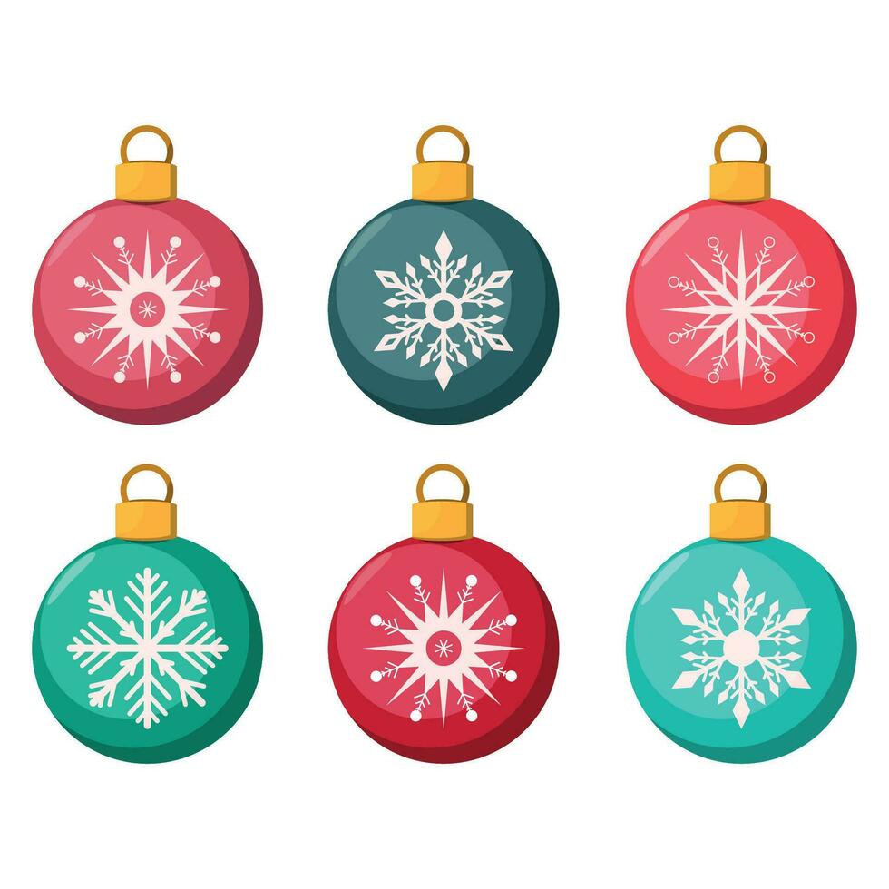 Set of six red and green Christmas balls with snowflakes on a white background. vector