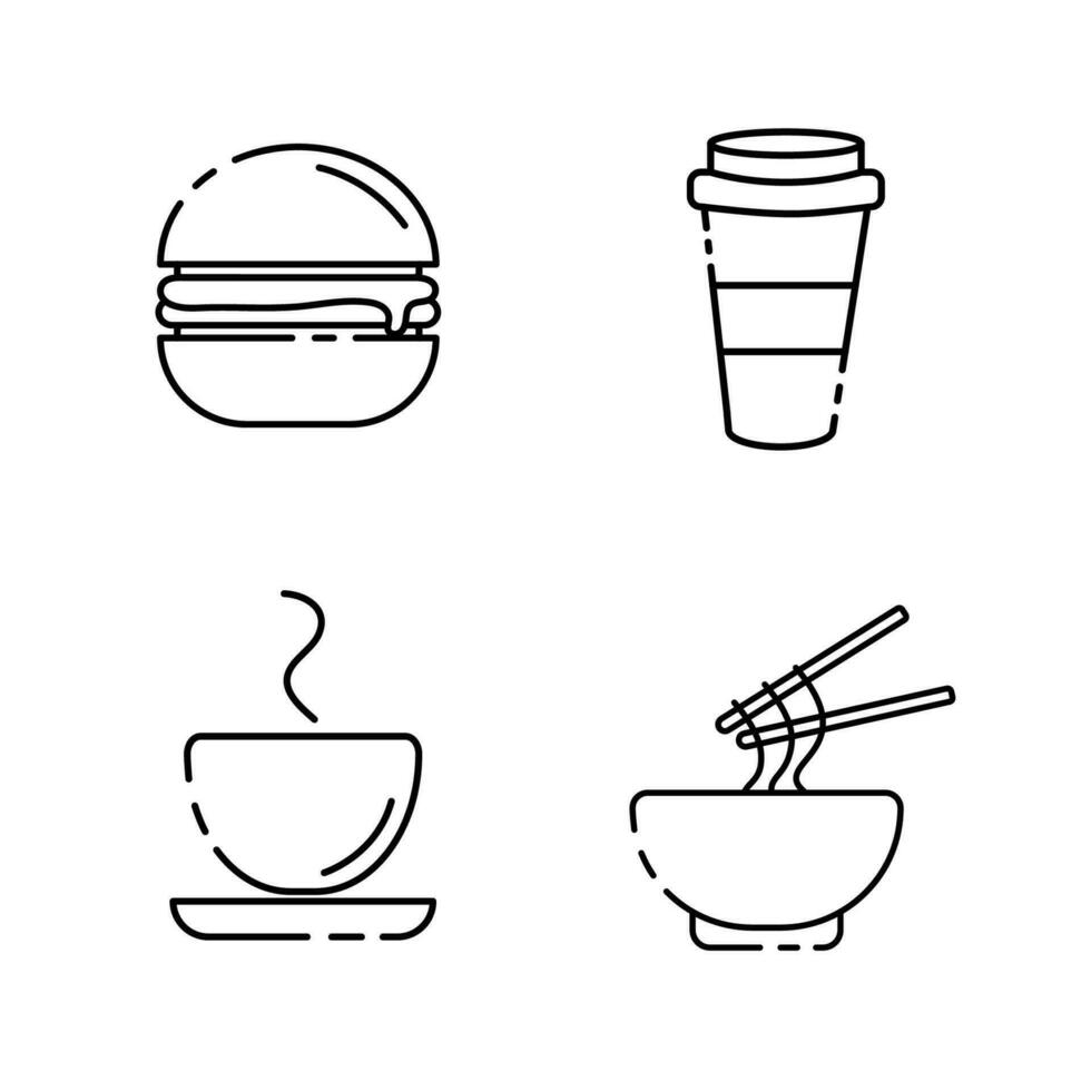 Set of black and white icons of food and drinks on a white background vector