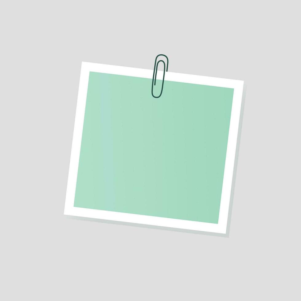 Vector illustration of blank green card on paper clips on a gray background.