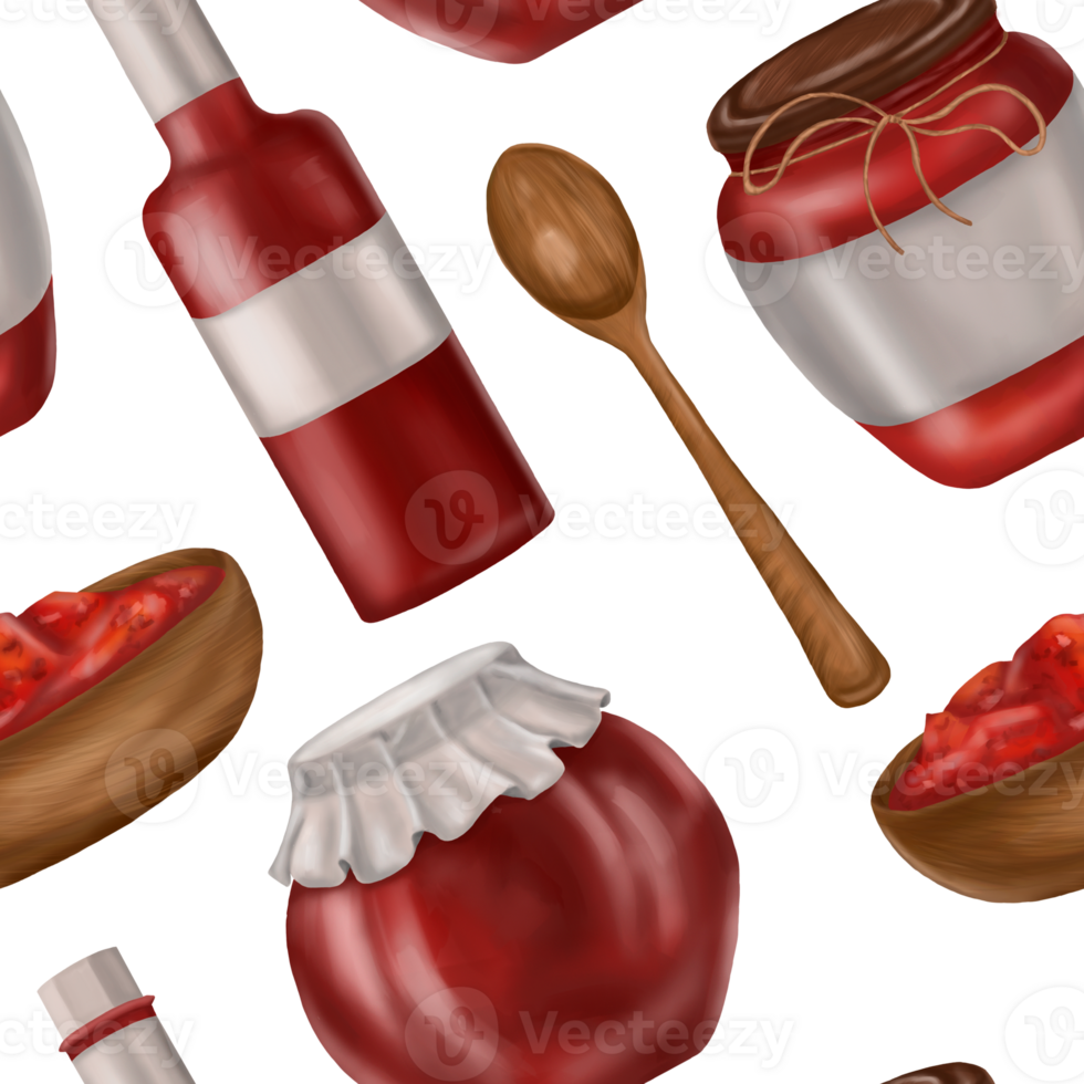 Seamless pattern with canned tomato sauce in glass jars and wooden dishes. Background for textiles, fabrics, banners, wrapping paper and other designs png