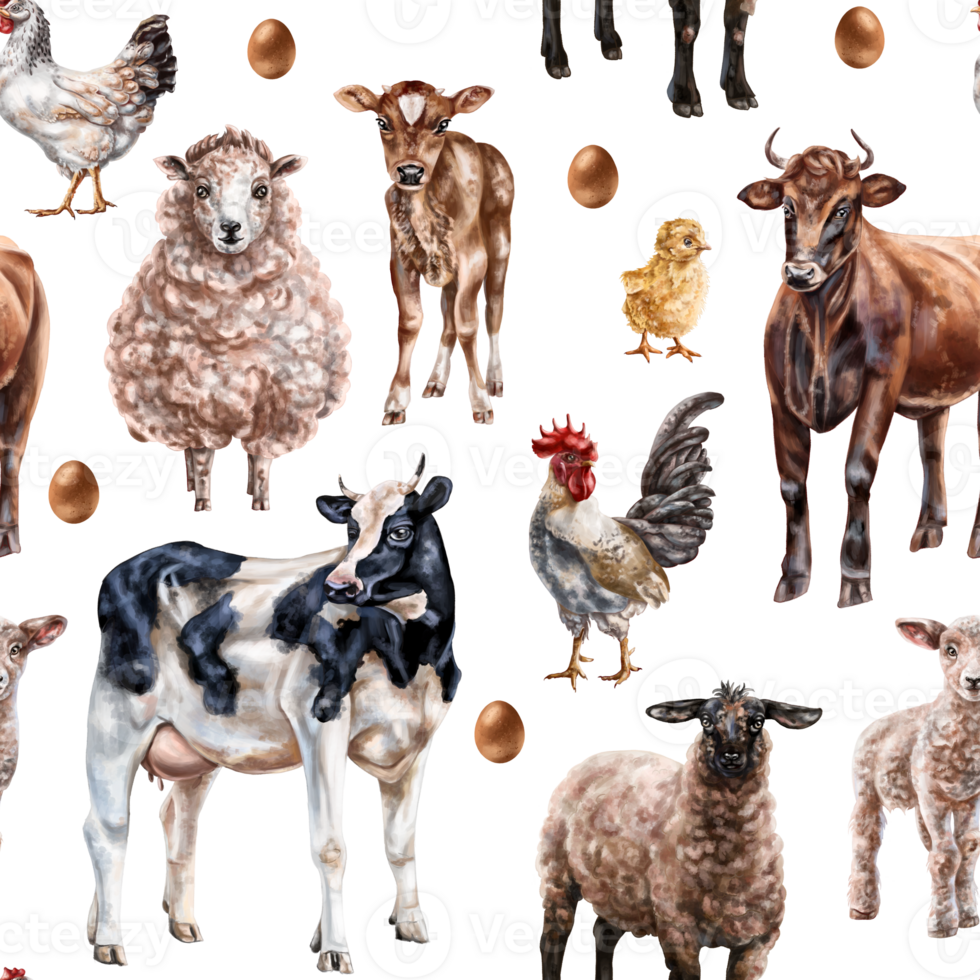 Farm animals on the pasture. Cow, sheep and chickens on the ranch. Simple rural life, nature and plants. Seamless pattern, digital illustration. For packaging, fabrics and textiles. png