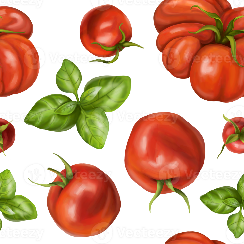 Seamless hand drawn pattern with red tomatoes, cherry tomatoes and basilic. Vegetable background for textiles, fabrics, wrapping paper, and other designs. Digital illustration png