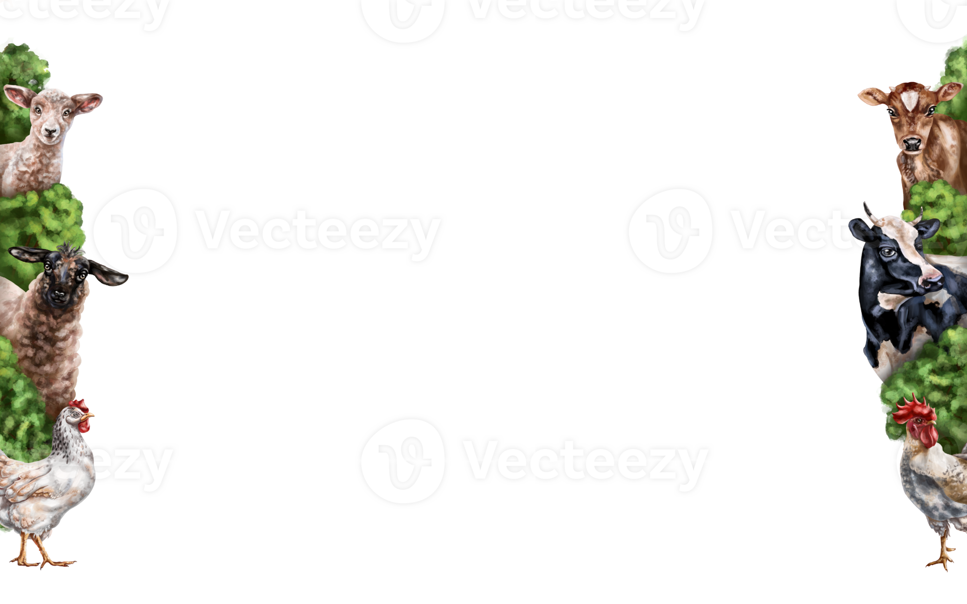 Horizontal frame with composition of cows, sheep and chickens. Farm