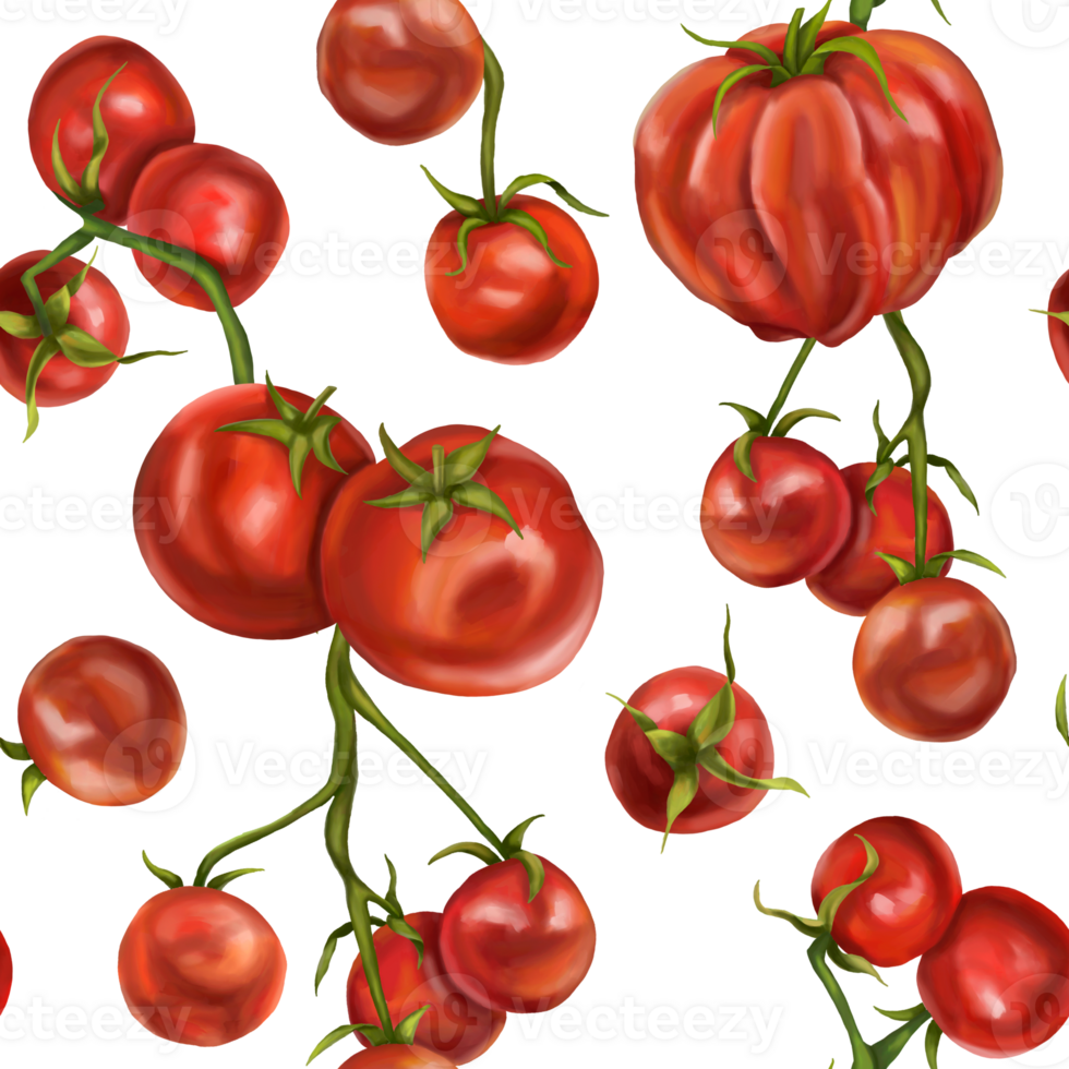 Seamless hand drawn pattern with red tomatoes and cherry tomatoes. Vegetable background for textiles, fabrics, banner, wrapping paper, and other designs. Digital illustration png