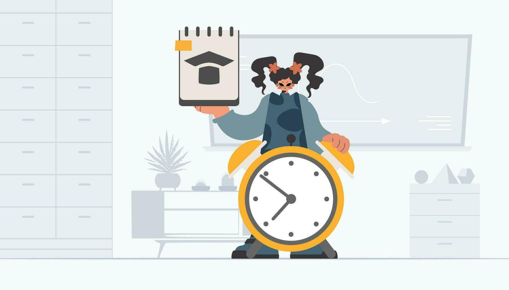 Energized lady with one of a kind and caution clock, learning subject. Trendy style, Vector Illustration