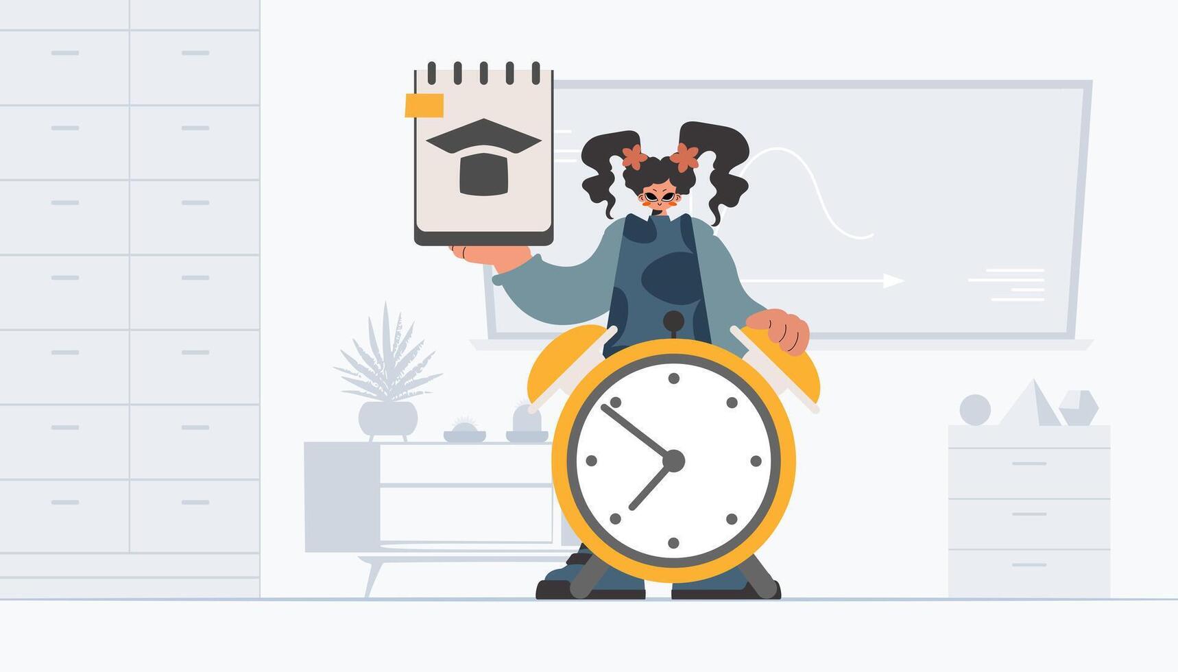 A cartoon character holding a clock and a note vector