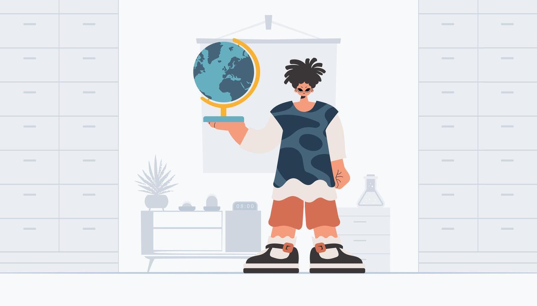 The individual is holding a colossal globe, the subject of learning. Trendy style, Vector Illustration