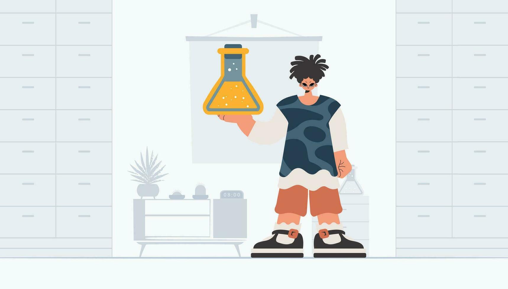 Person holding chemical carafe, learning subject. Trendy style, Vector Illustration