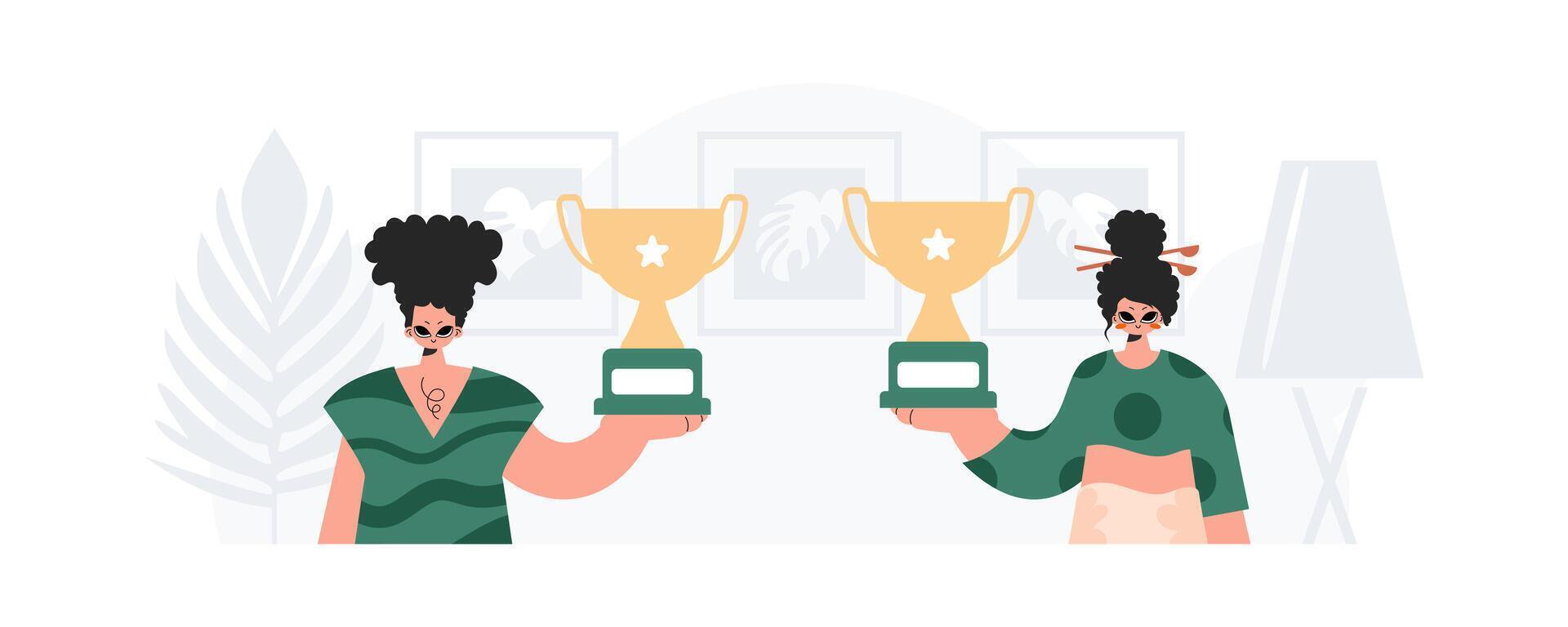 Two women holding up trophies in front of a room vector
