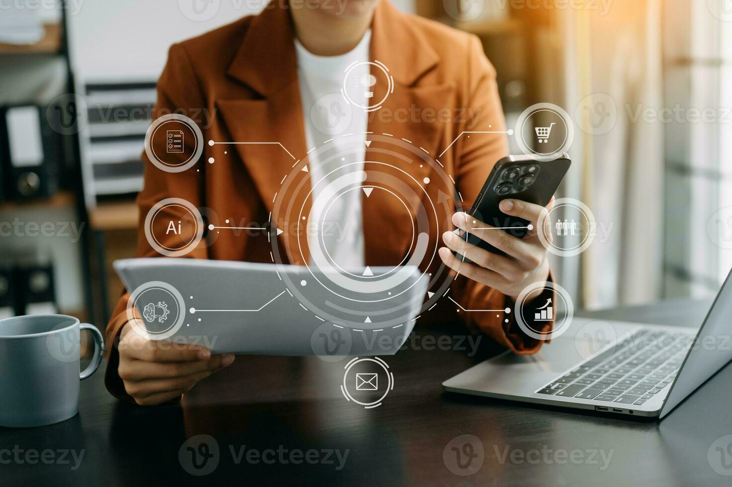 Digital marketing media in virtual screen.business woman hand working with mobile phone and modern compute with VR icon diagram at office photo