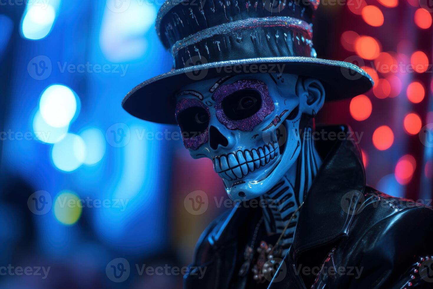 Neon carnival skeleton. Generate Ai photo