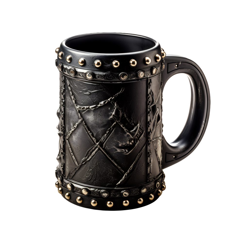 a black mug with studded handles and a skull on it - AI Generated - Generative AI png