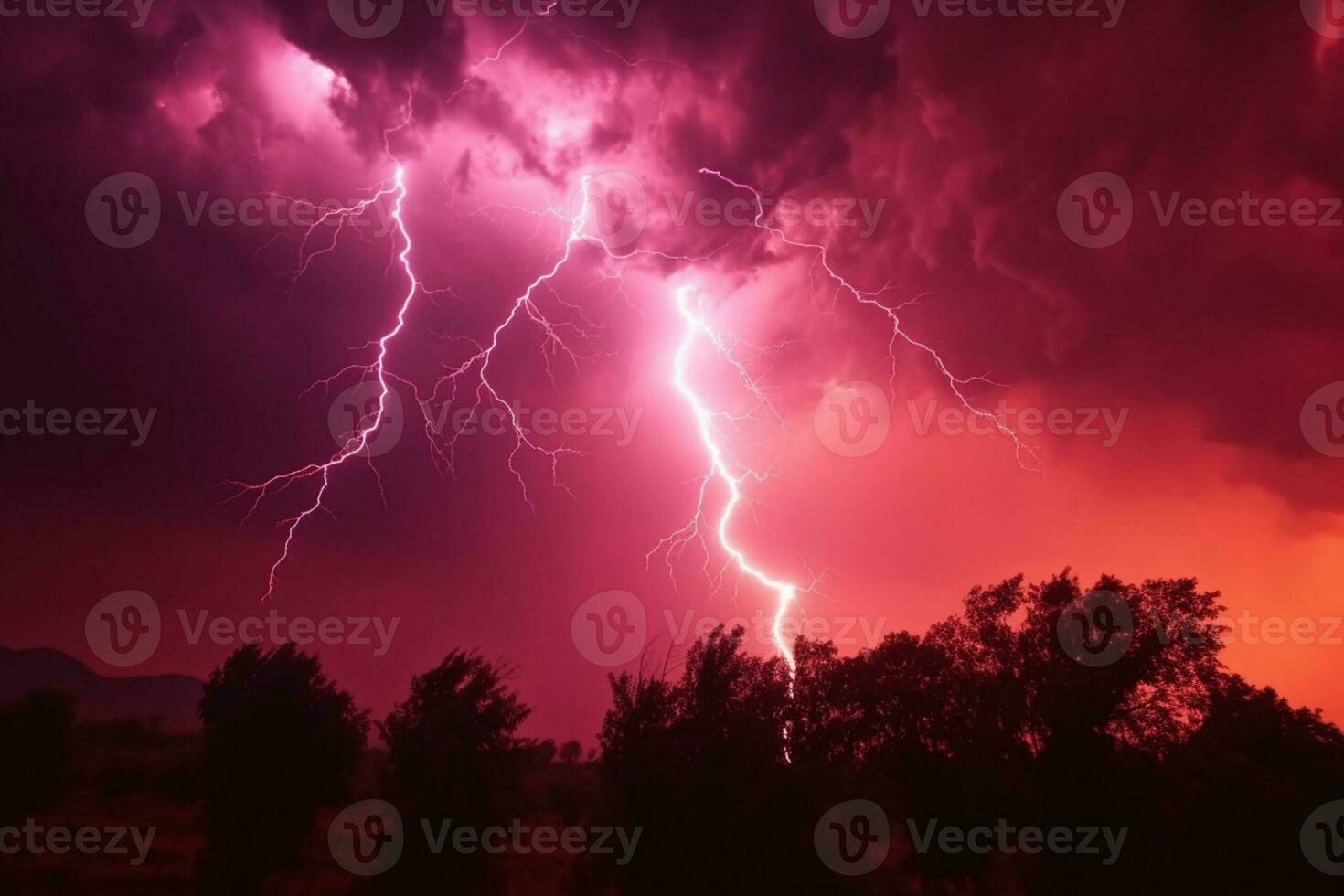 apocalíptico fondo con vibrante relámpago en un oscuro rojo cielo. ai generado foto