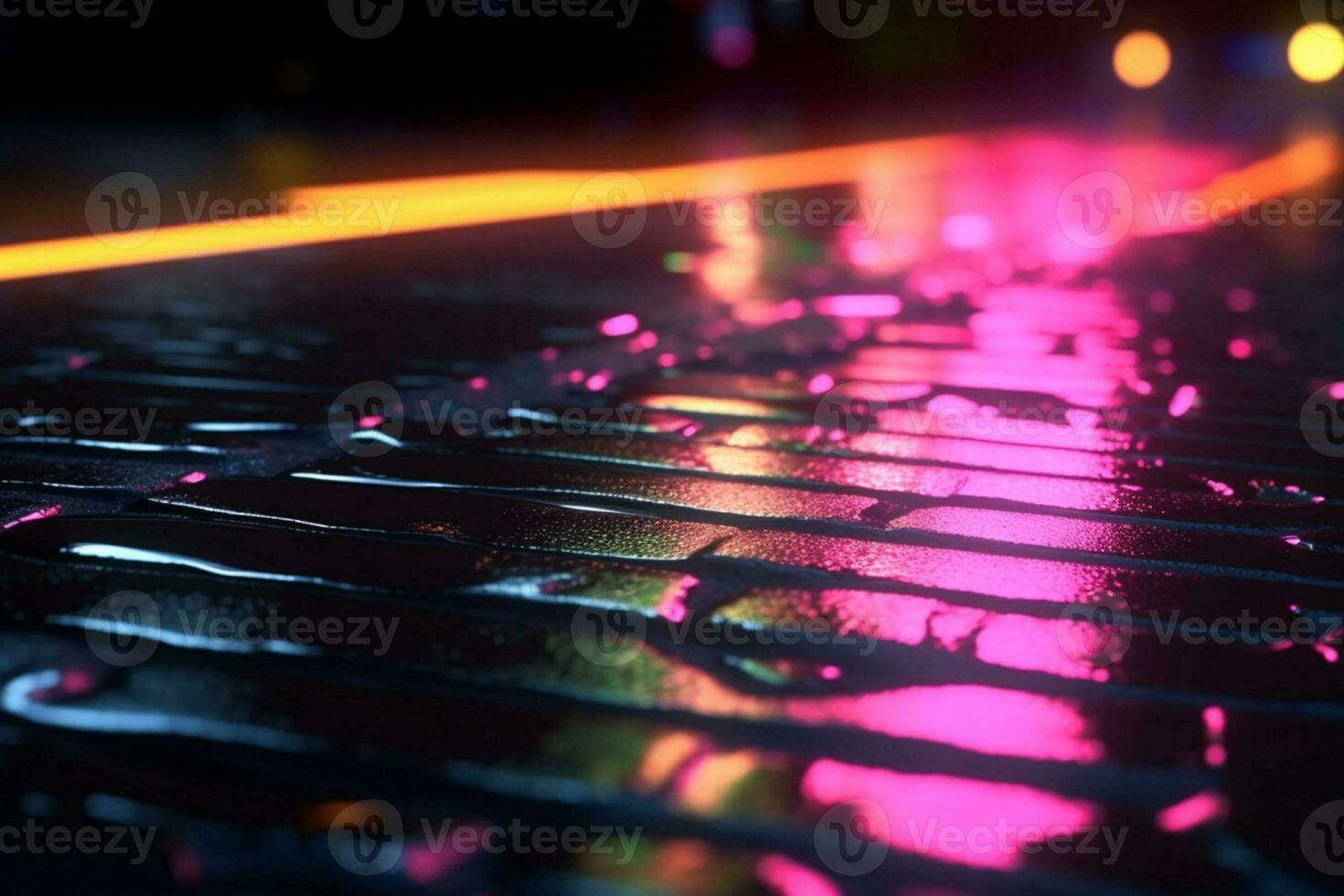 Abstract play of light on wet asphalt with neon reflections. AI Generated photo