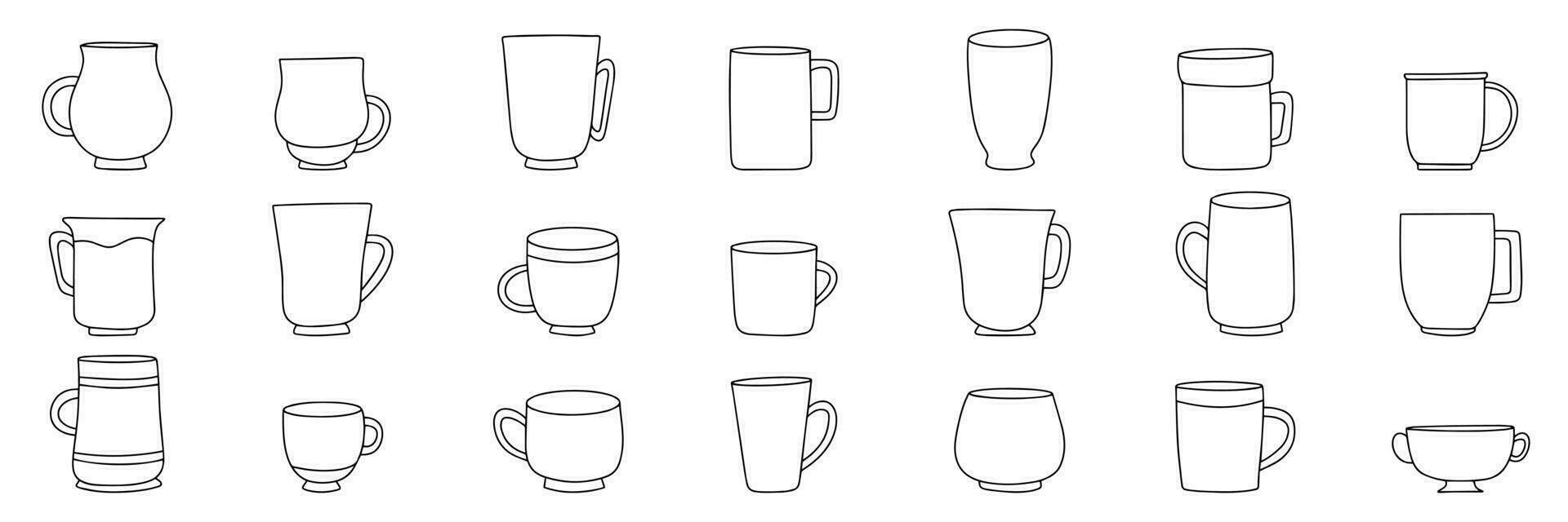 Big set of cups in doodle style. Hand drawn cup mug outline. Collection of mug icons set. Vector illustration.