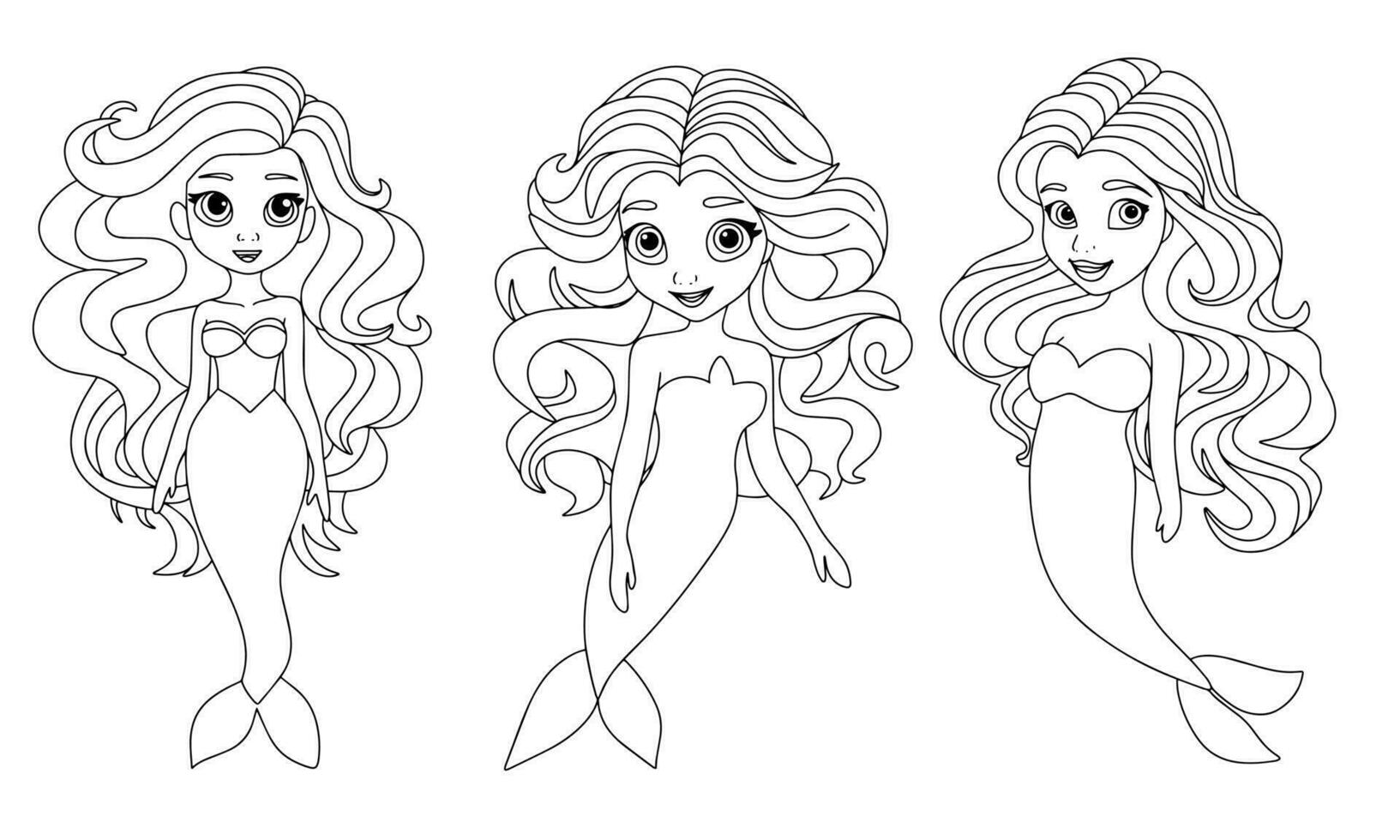 Set of mermaids in doodle style. Hand drawn mermaid outline. Collection of mermaid icons set. Vector illustration.