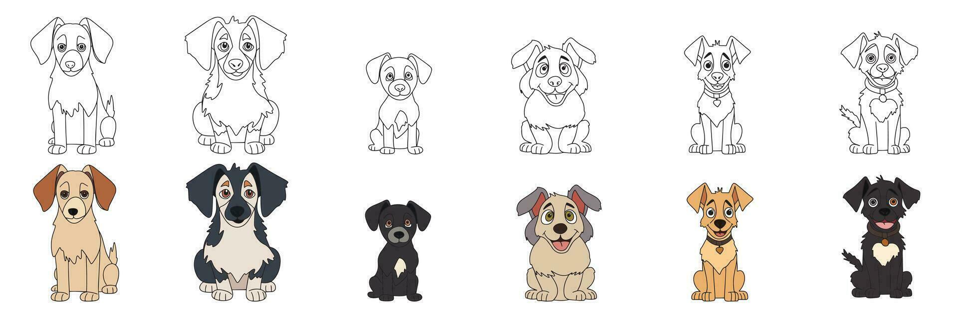Set of cute puppy doodle style and colored outline. Collection of little dog isolated on white background. Vector illustration.