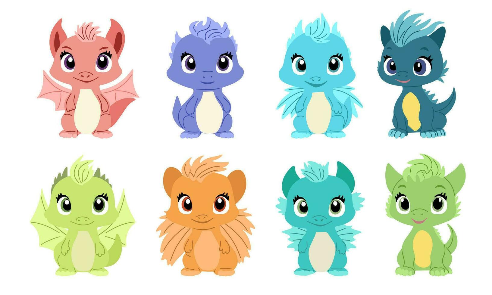 Set of cute baby dragon isolated on white background. Little dragon in flat style. Symbol of 2024 year dragons. Vector illustration.