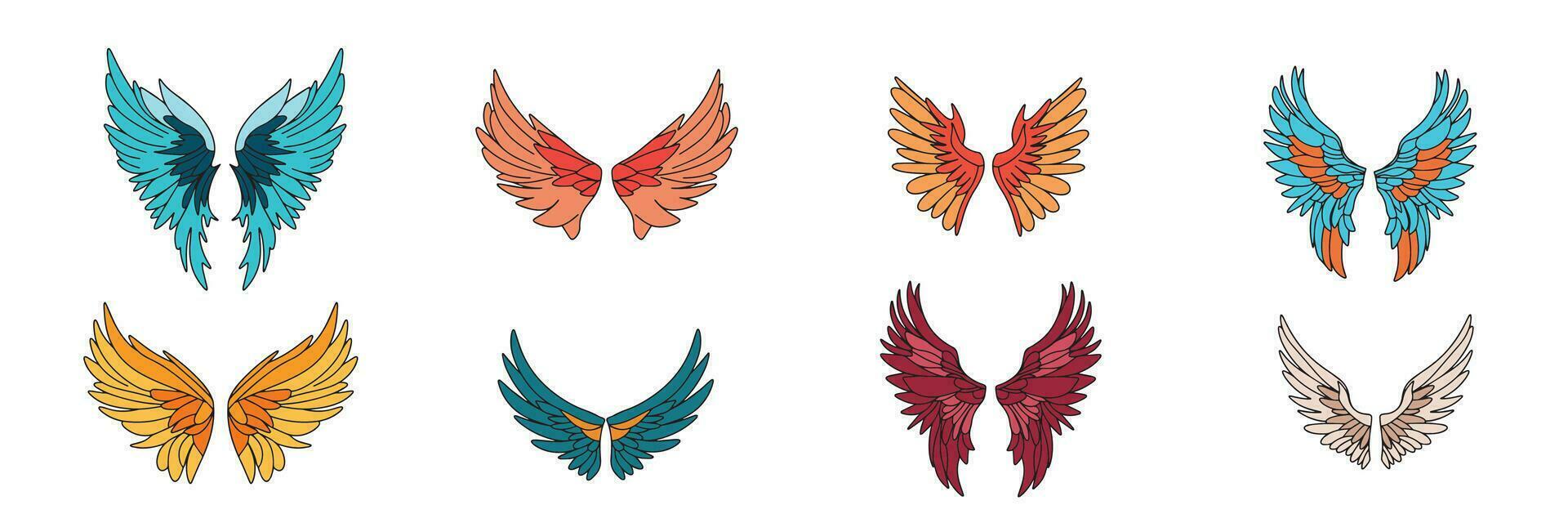 Set of angel wings colored outline. Hand drawn wings in doodle style. Abstract wings with outline. Vector illustration.