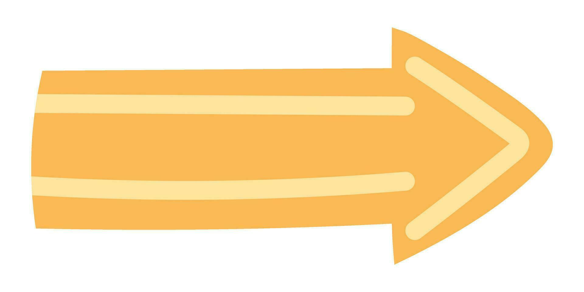 Vector colorful cartoon playful orange arrow pointer with lines. Childish dynamic arrow sign for infographic designs and presentation templates. Abstract textured arrow in trendy style.