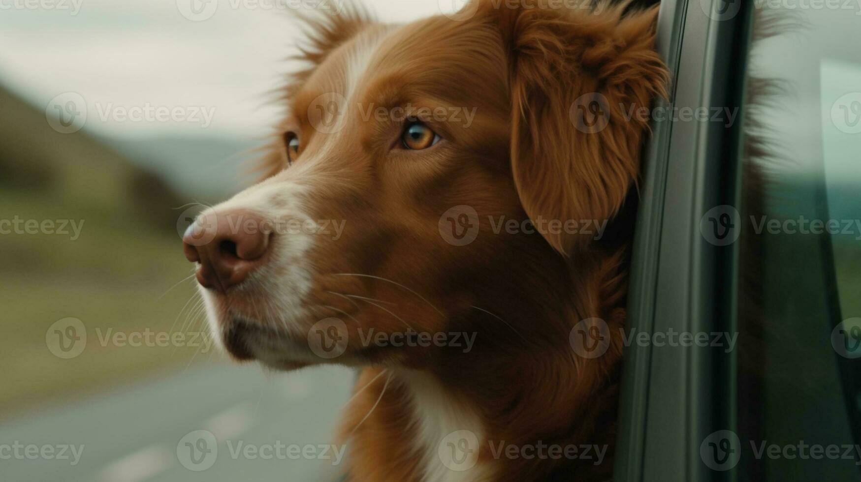 Dog travel by car. Nova Scotia Duck Tolling Retriever enjoying road trip AI Generated photo