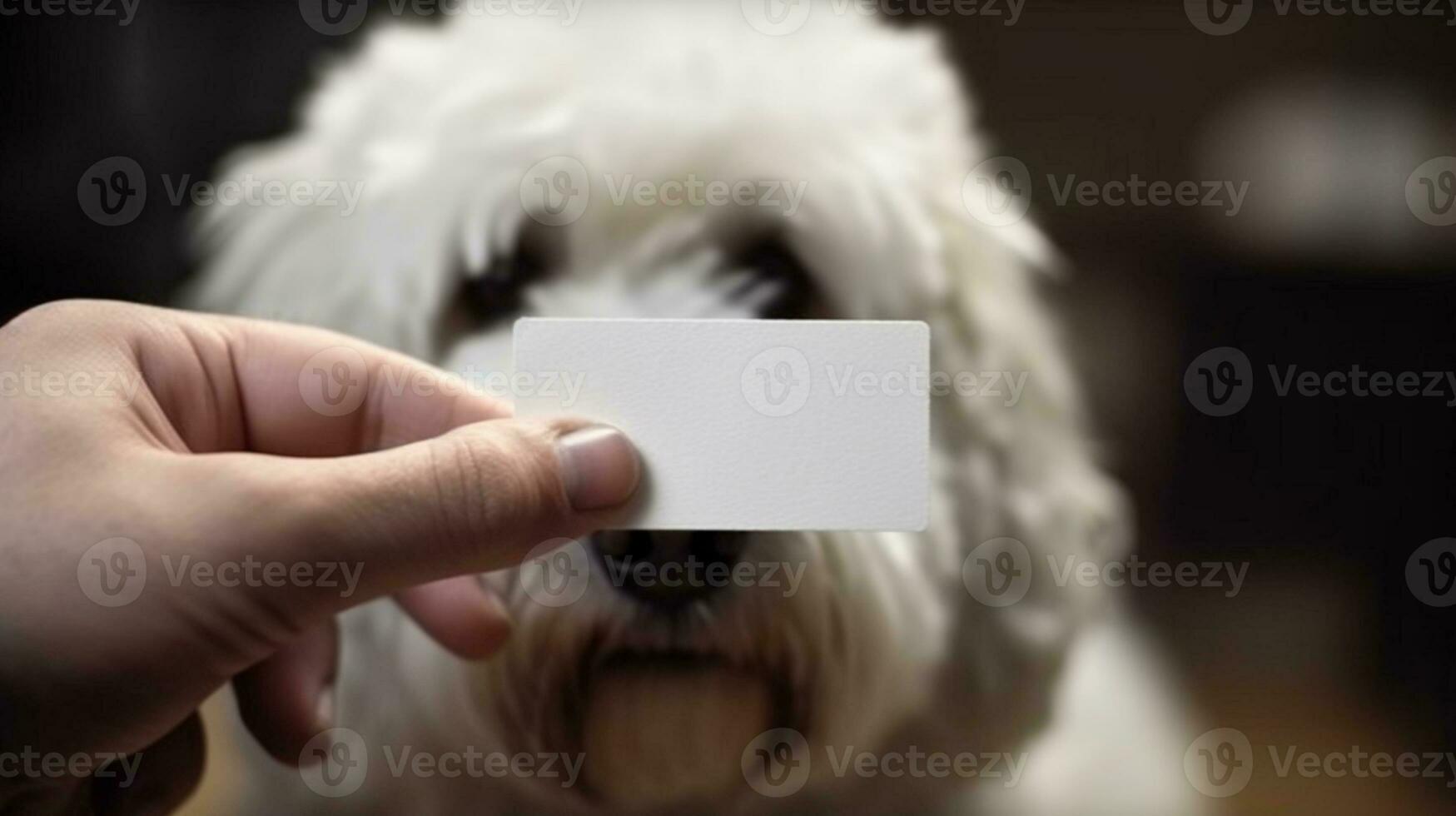 un blanco negocio tarjeta presentado por un hombre y su perro. ai generado foto