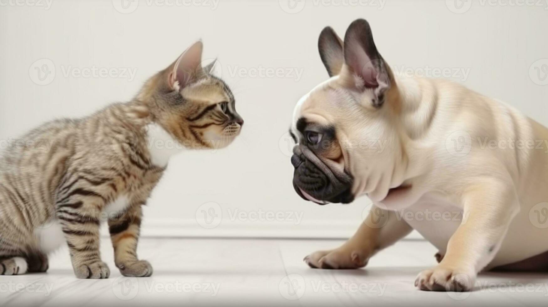 Playful kitten and French Bulldog posing on white table. AI Generated photo