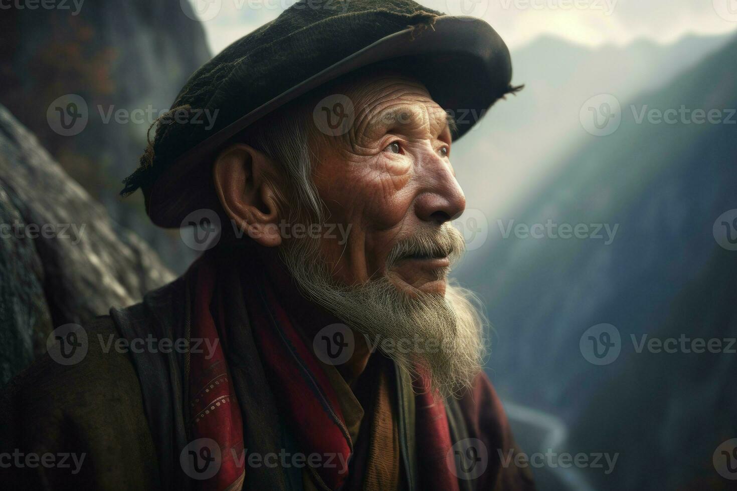 Chinese old man mountains. Generate Ai photo