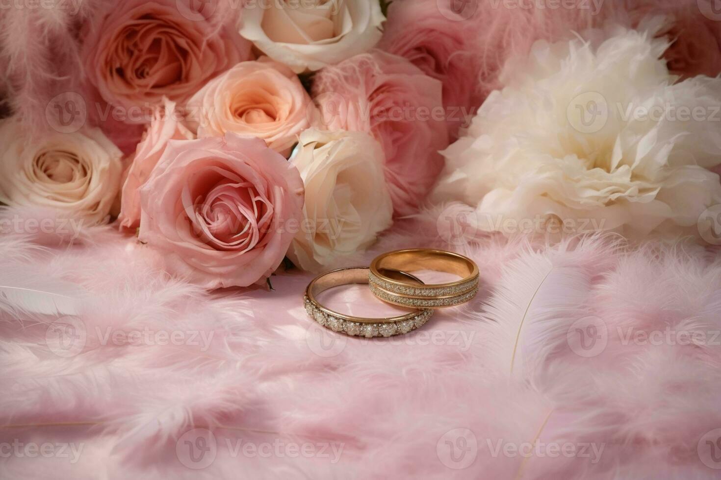 Elegant wedding decor featuring gold rings, Eustoma roses, and light pink feathers. AI Generated photo