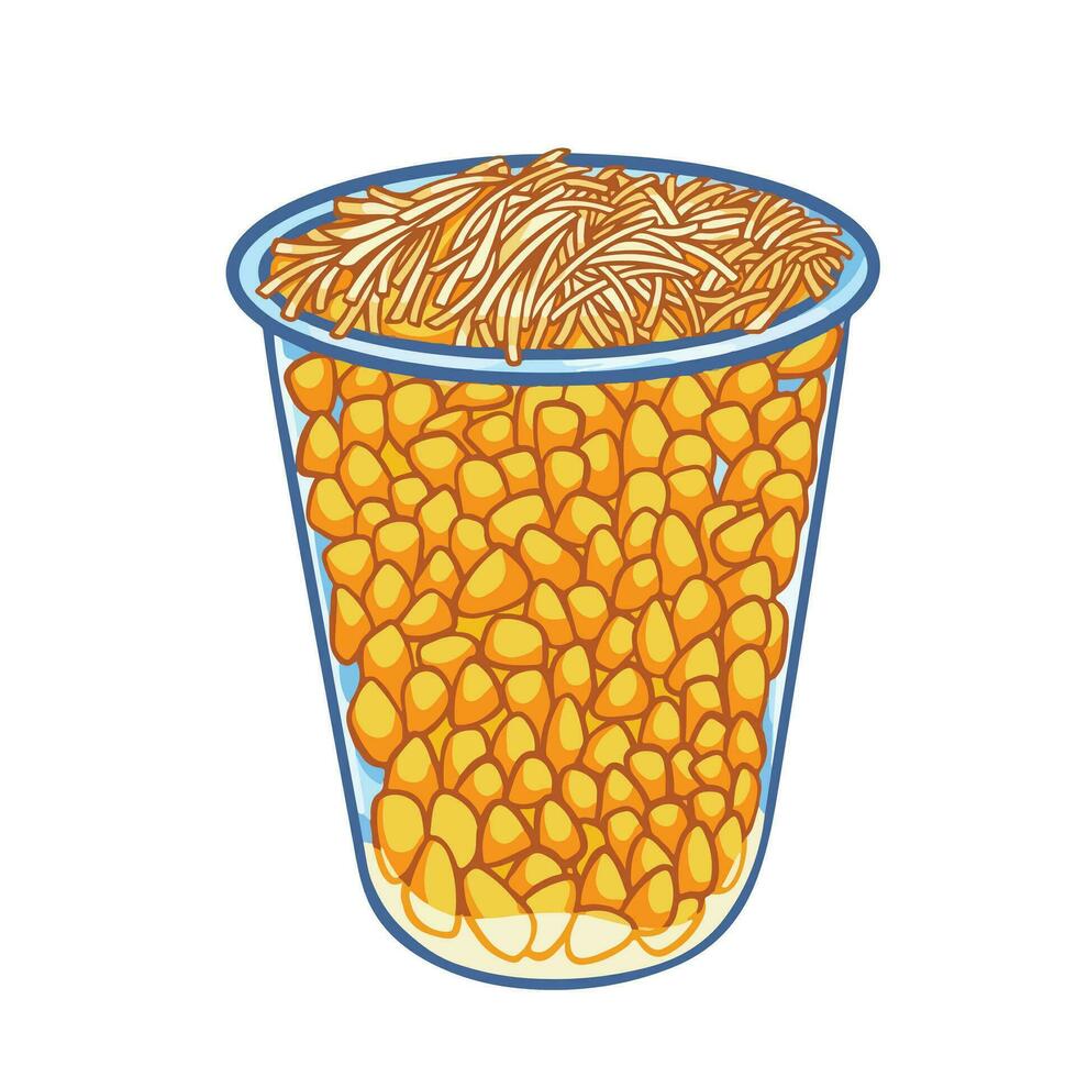 Jasuke or jagung susu keju inside plastic cup famous delicious snack famous in indonesia food vector illustration outlined isolated on square white background. Simple flat cartoon styled drawing.