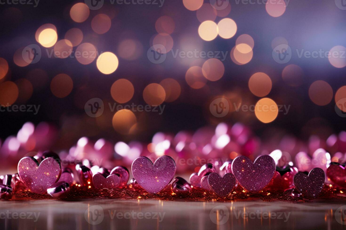 panorámico san valentin fondo vivaz magenta, rosado rojo corazones, y brillante bokeh seducir ai generado foto