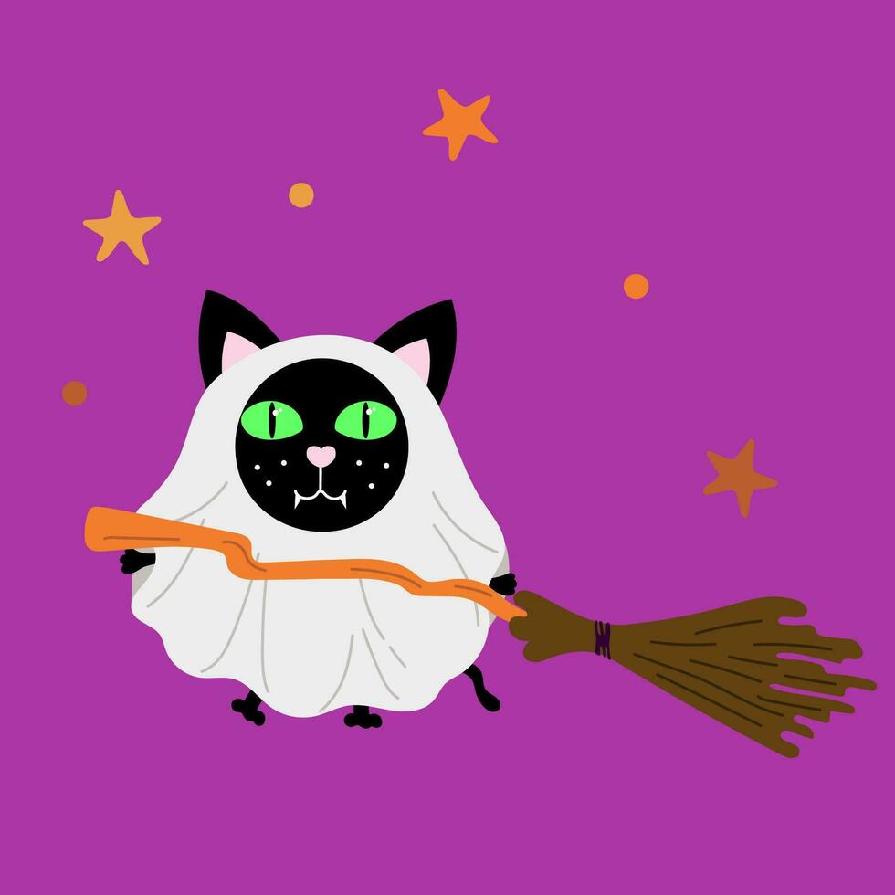 Happy Halloween sticker with Cute black cat dressed as a ghost with broom. holiday clipart vector