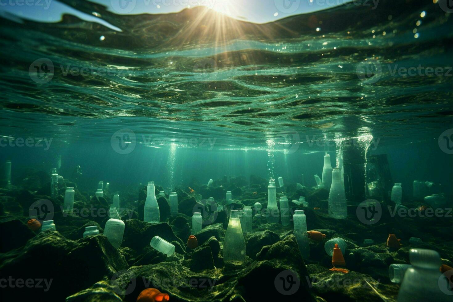 Open sea tainted by plastic bottles and microplastics, symbolizing marine plastic pollution AI Generated photo