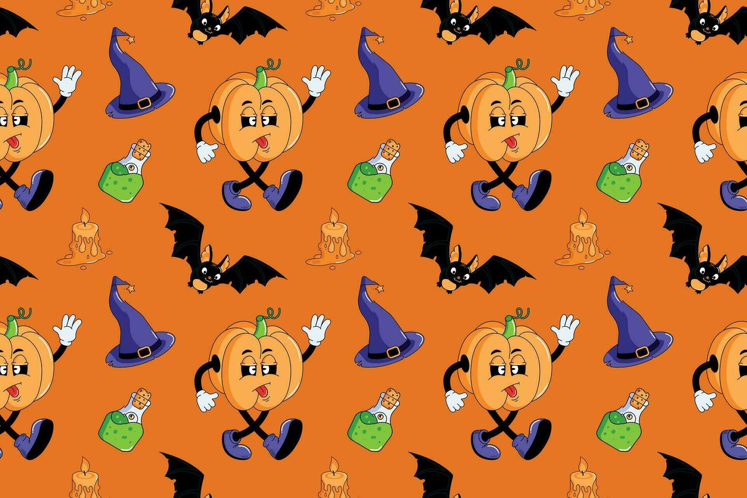 Picture concept Happy modern Halloween in retro cartoon style with pumpkin. Elements pumpkin, bat, potion. Vector illustration.