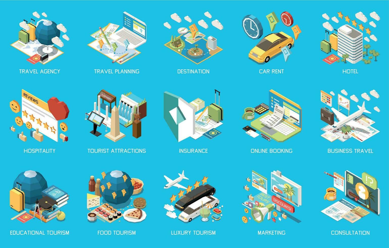 Touristic Travel Agency Isometric Concept Icon Set vector