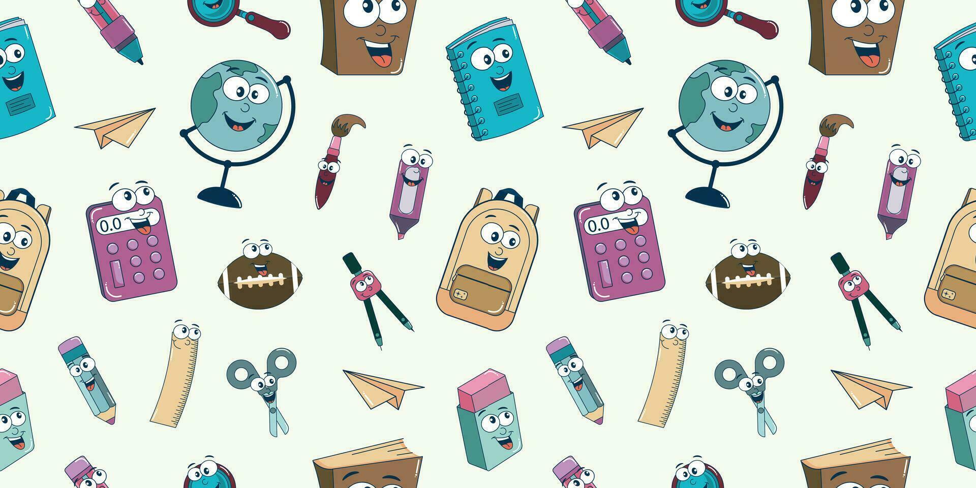 Seamless pattern of school supplies in cartoon retro style. Back to school. Backpack, globe, pen, pencil, notebook, notebook, stationery. Modern vector illustration.