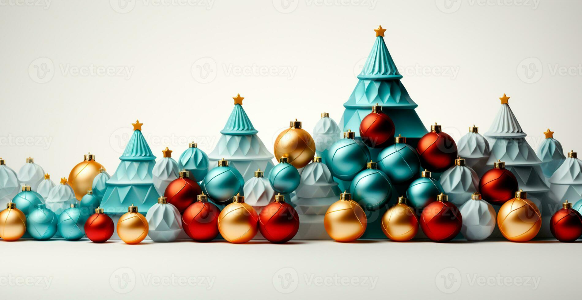 Christmas tree made of Christmas balls, confetti on a light background - AI generated image photo